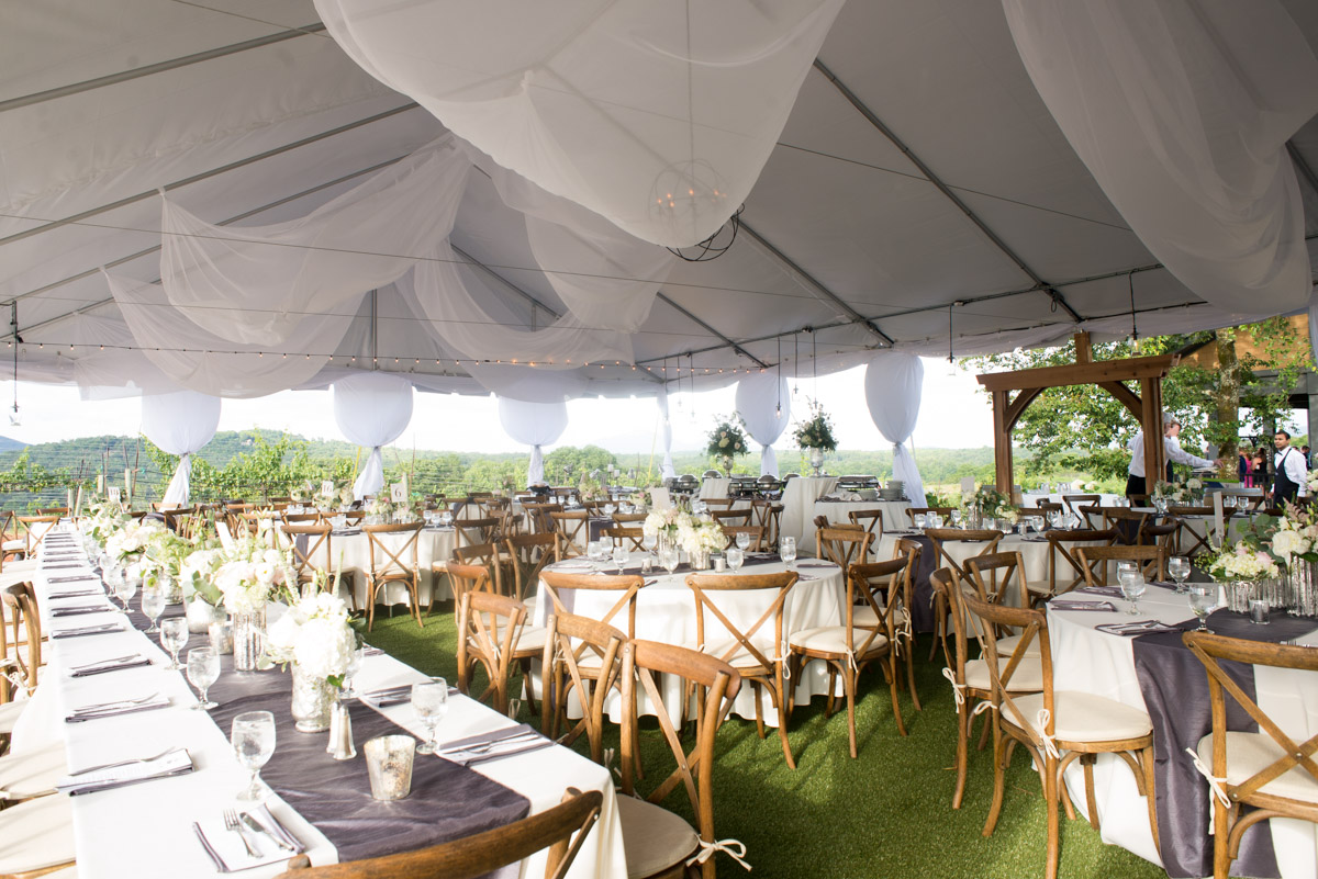 A beautiful tented wedding reception at Kaya Vineyards.