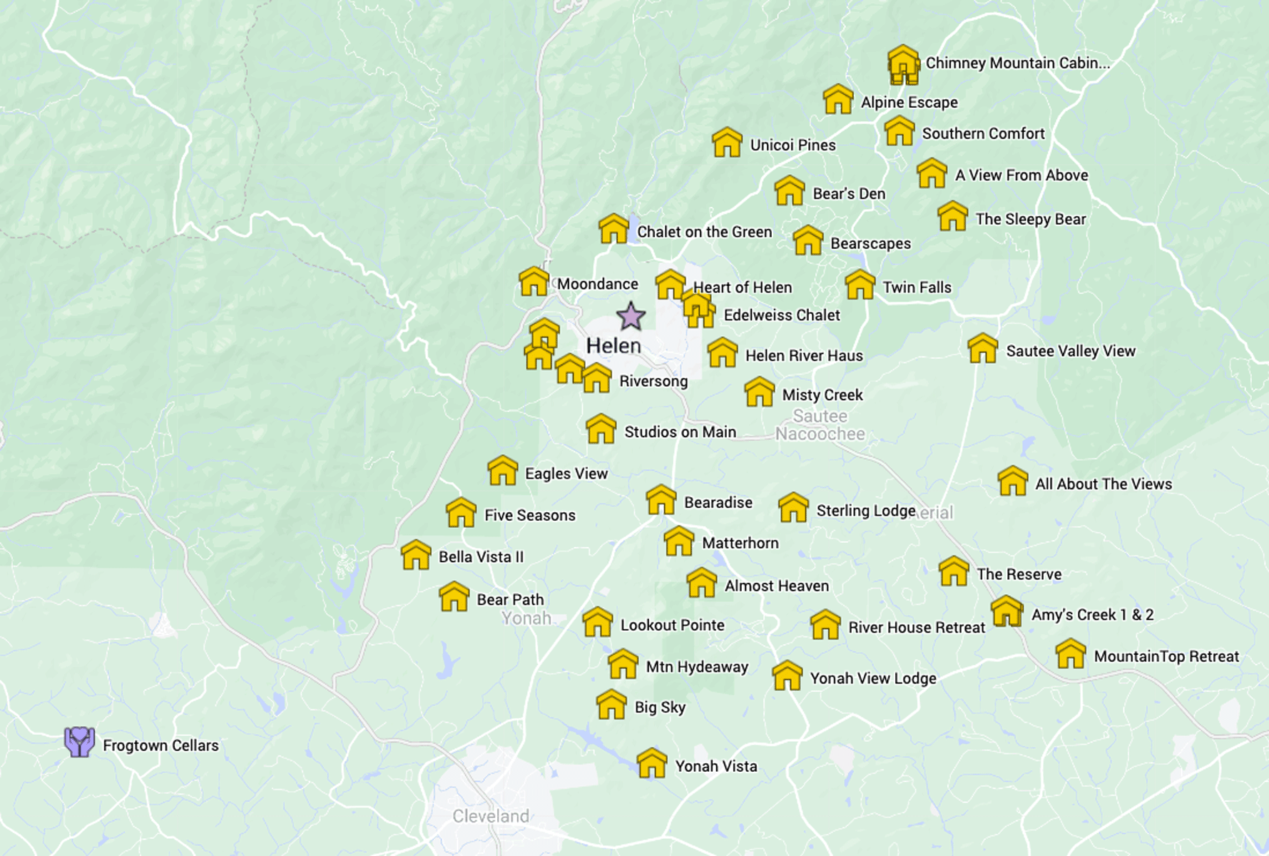 A map of Frogtown Cellars and nearby cabins.