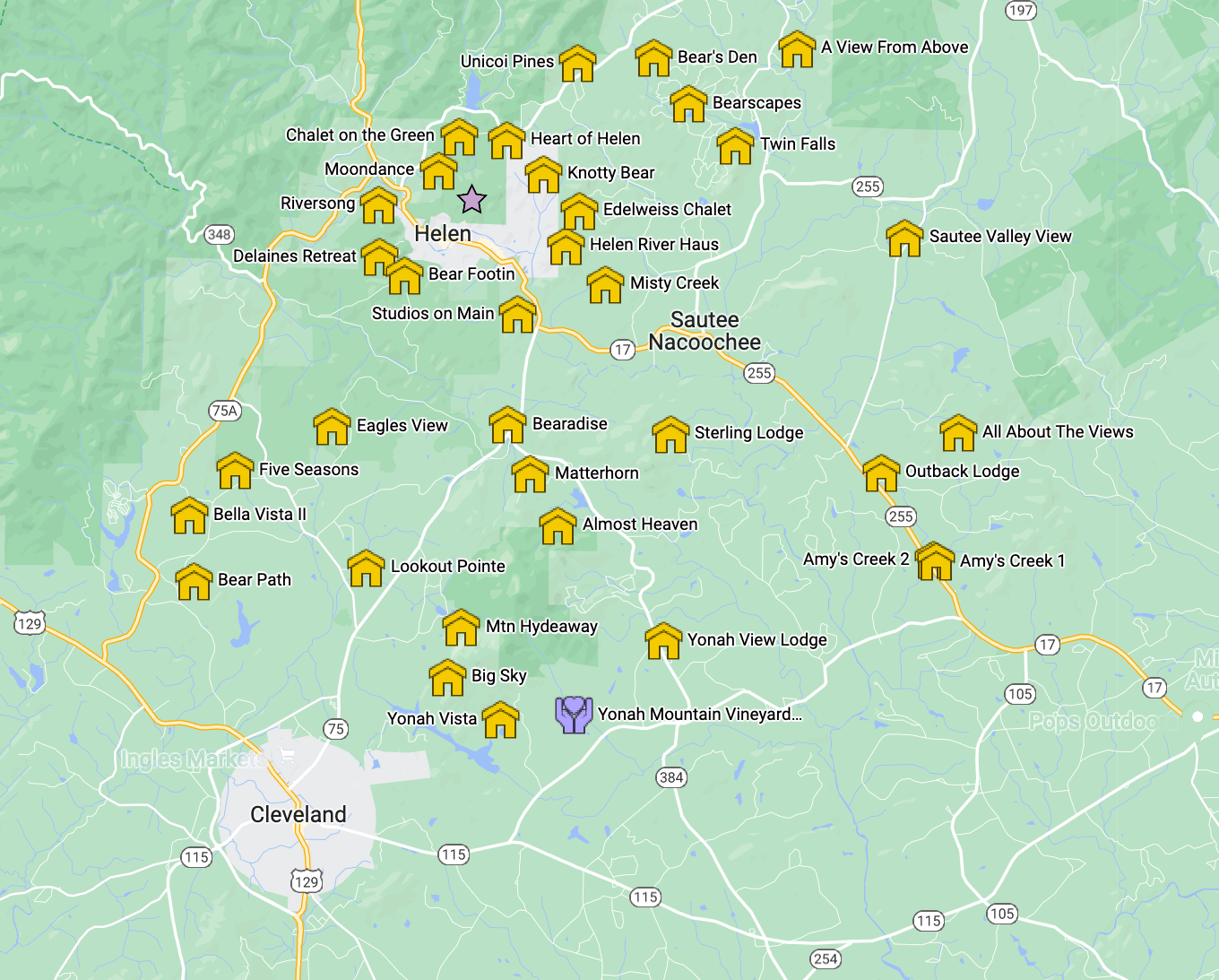 A map of Yonah Mountain Vineyard and nearby cabins.