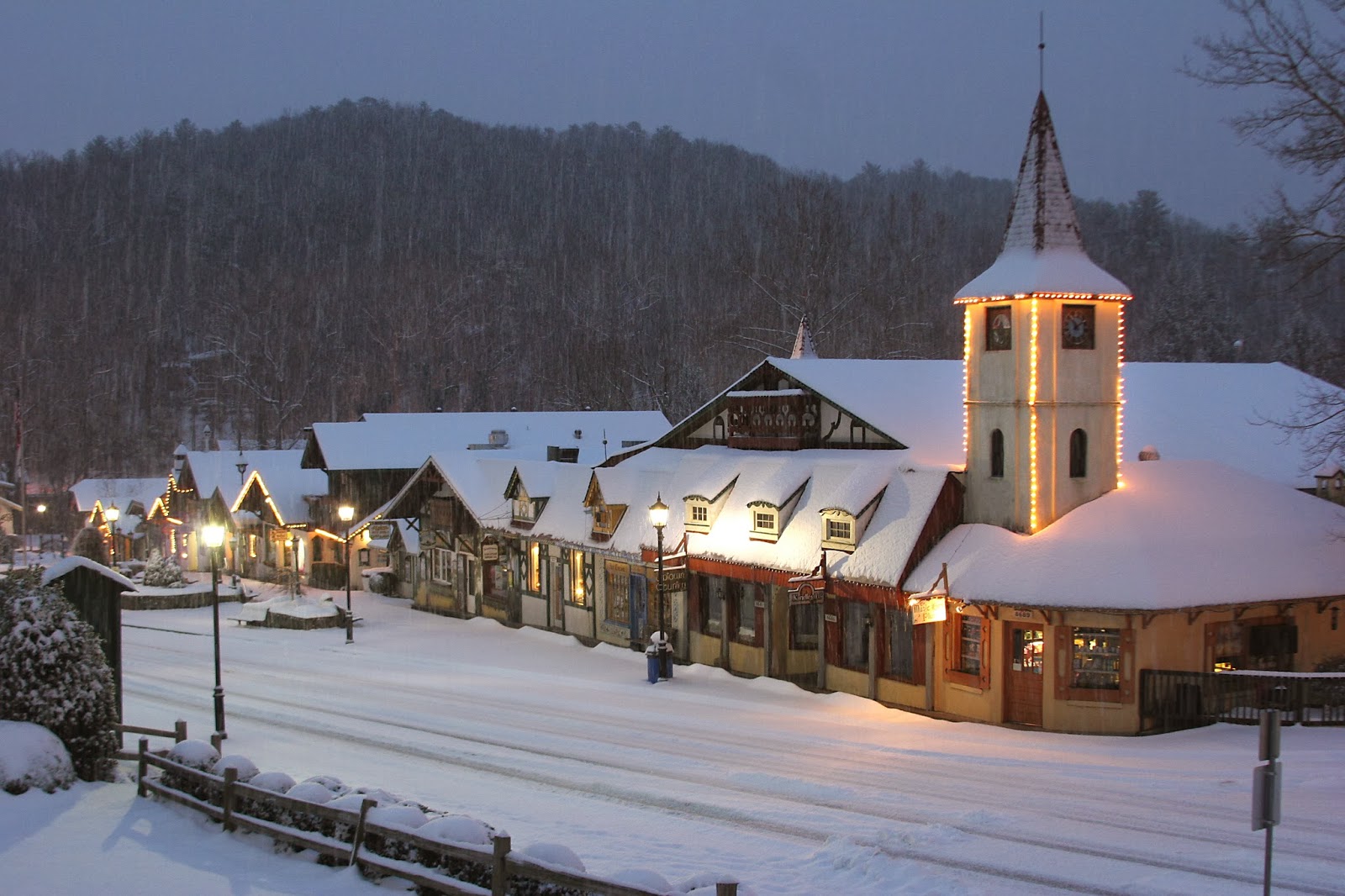 Winter snowy alpine village in Helen Ga